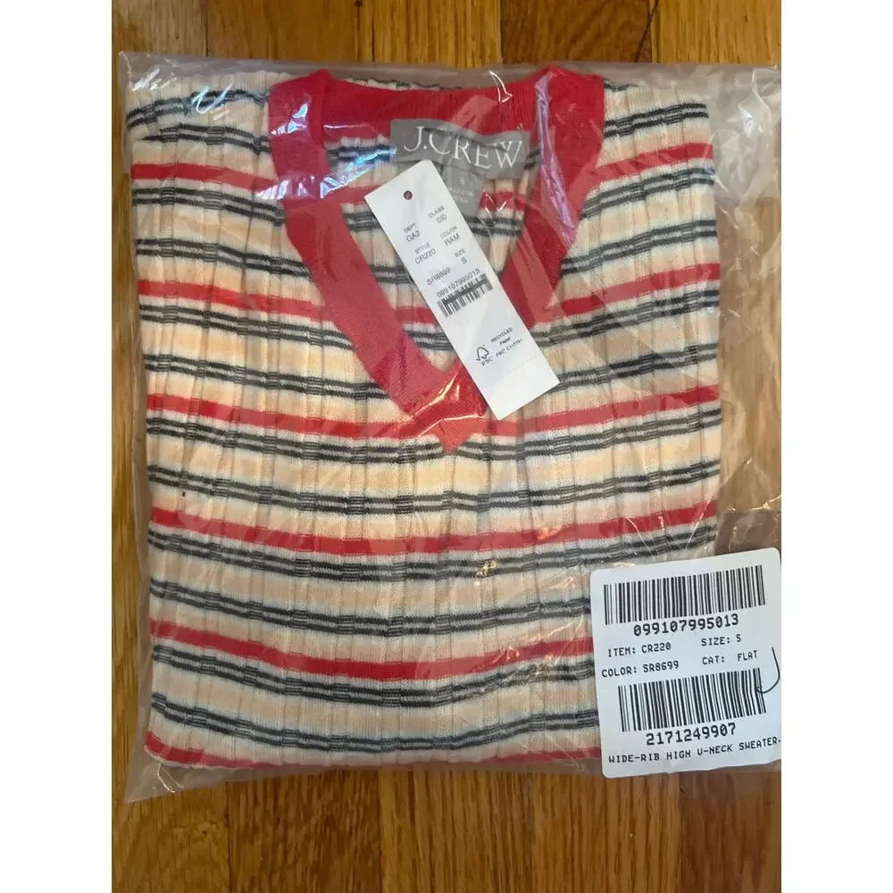 J. Crew Wide-rib high V-neck sweater striped merino wool Red Apricot NWT Small